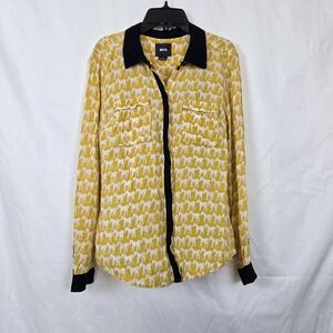 Maeve Anthropologie Women's Yellow Horse Navy Trim Bagatelle Button Blouse‎ Sz 6